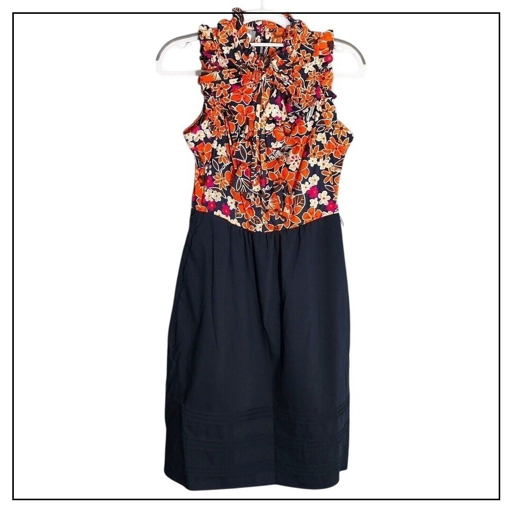 Girls from Savoy Womens Dress S Navy Blue Retro Floral Ruffle Neck Sleeveless